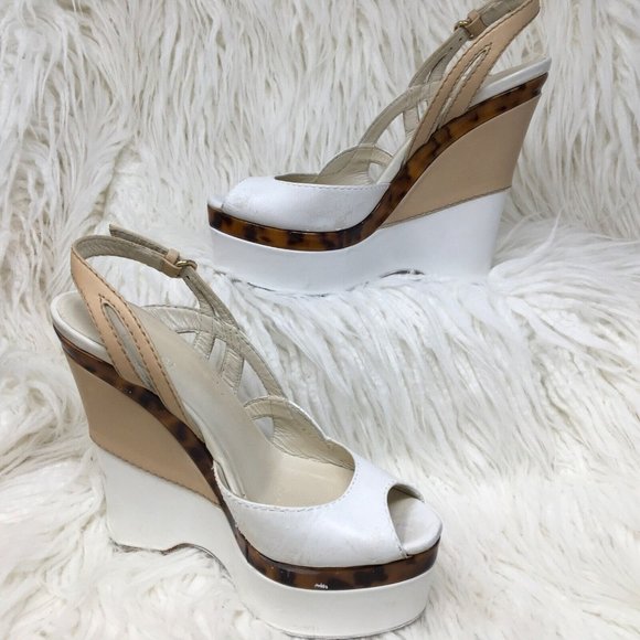 Gucci 2 Tone White Beige Tortoise Peep Toe Wedge Sling Back Sandal READ Sz 37 - Picture 1 of 16